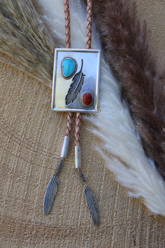 Turquoise and Sonora Sunrise Bolo Tie with Silver Overlay