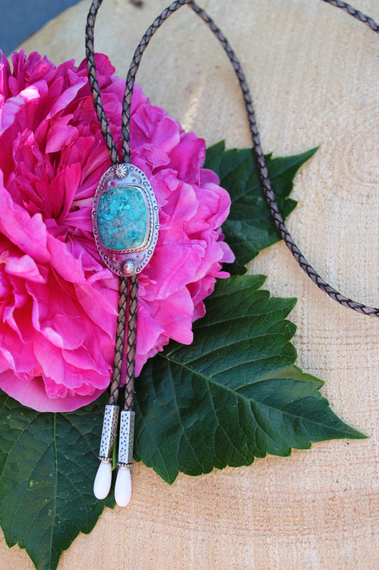 Chrysacolla Bolo Tie with Opal Tips