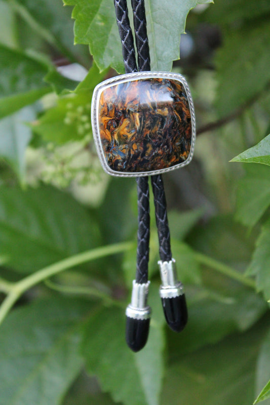 Pietersite Bolo Tie with Onyx Tips