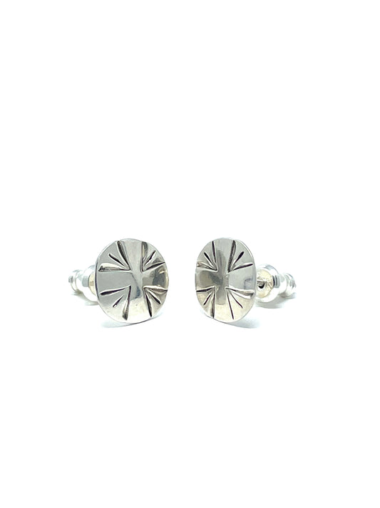 Stamped Cross silver disc- Stud Earrings